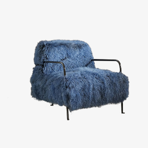 Luxe blauwe wollen fauteuil, enkele fauteuil met metalen frame