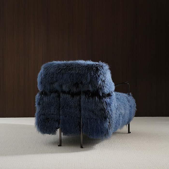 Luxe blauwe wollen fauteuil, enkele fauteuil met metalen frame