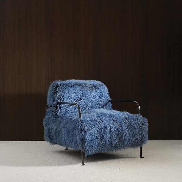 Luxe blauwe wollen fauteuil, enkele fauteuil met metalen frame